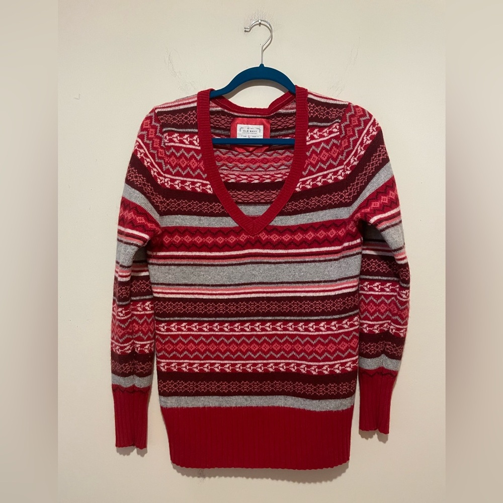 Old Navy Y2K Red:Gray Patterned Deep V-Neck Sweater. Angora/Wool Blend. Size L.
